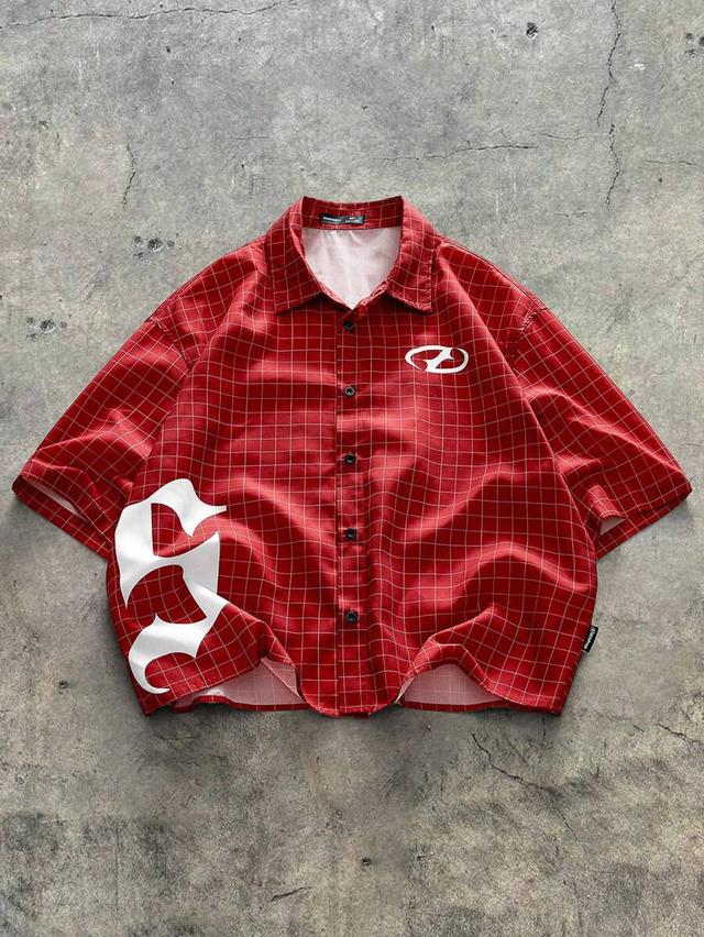red plaid letter print loose fit woven shirt