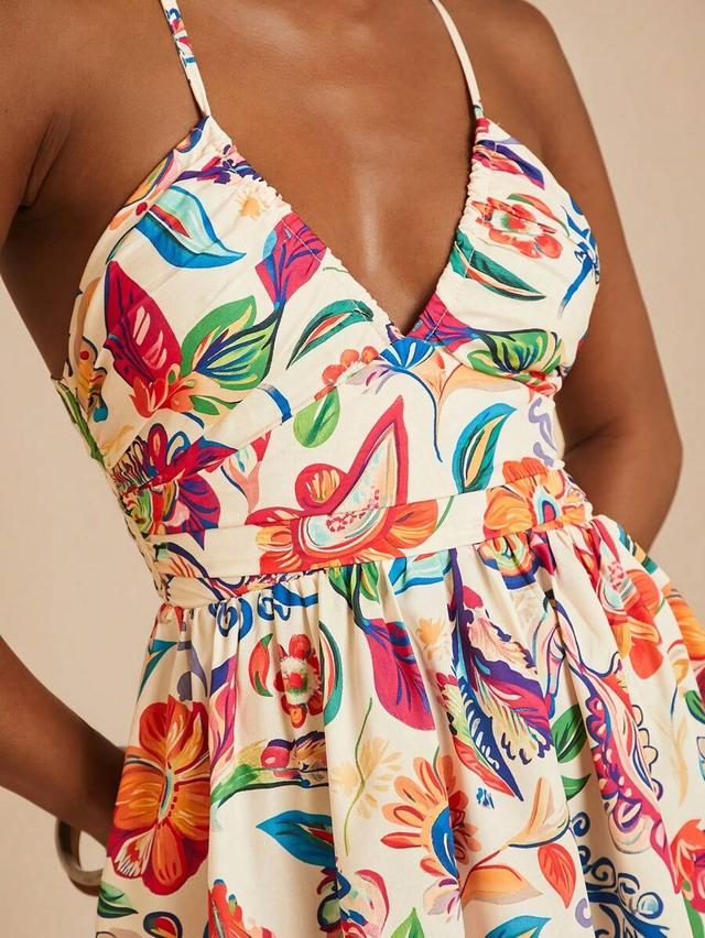beige floral printed woven mini sun dress