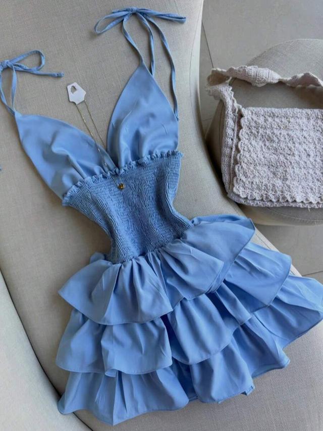 light blue spaghetti strap layered cake cocktail dress