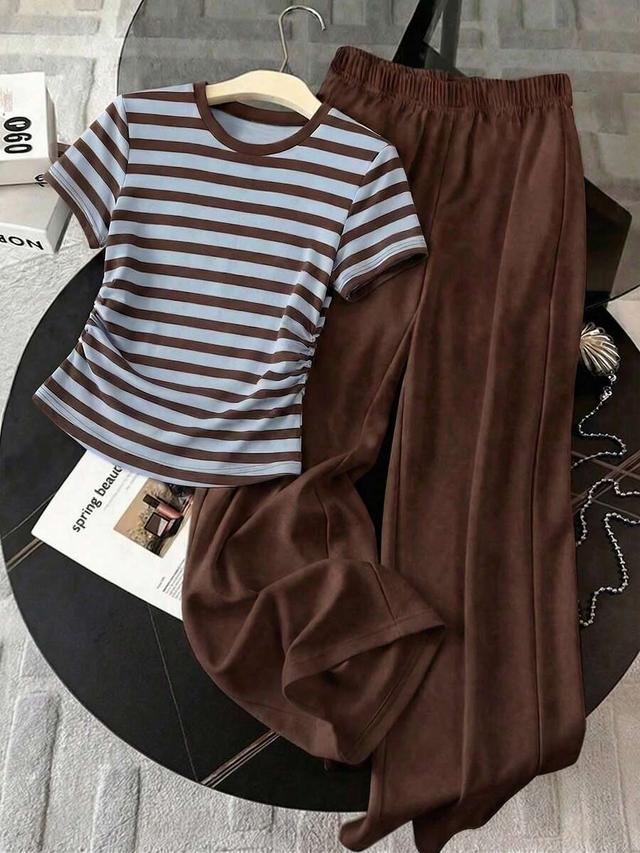 striped round neck ruched hem top
