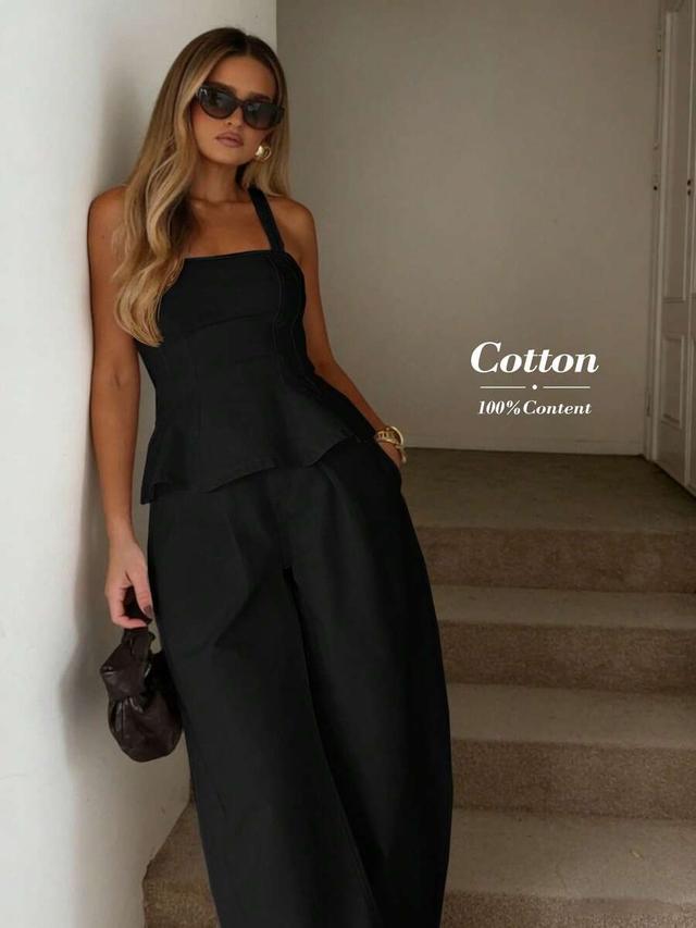 elegant black cotton camisole and wide leg pants set