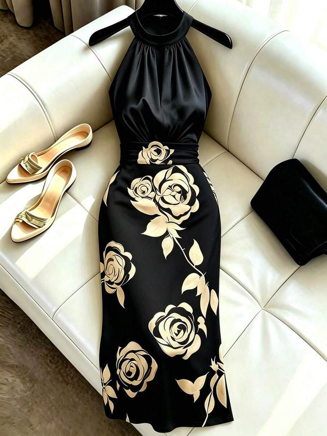 black and gold floral print halter neck dress