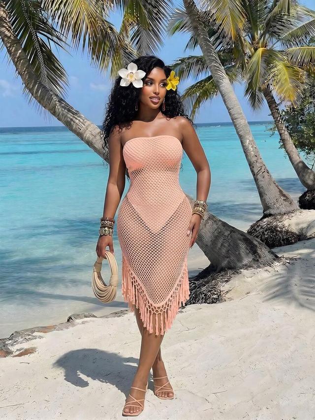 peach crochet mesh strapless fringe coverup dress