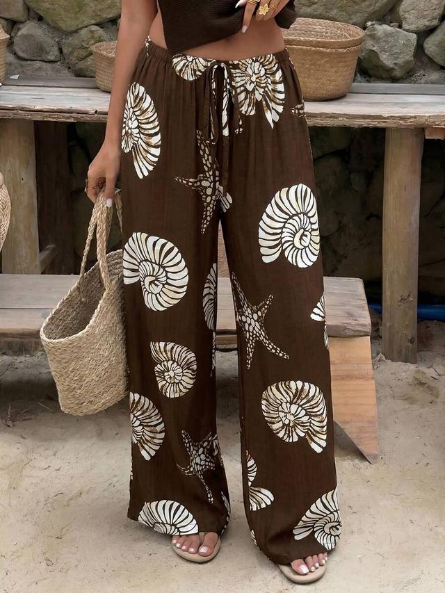 casual low waist lace-up tropical ocean print wide leg pants