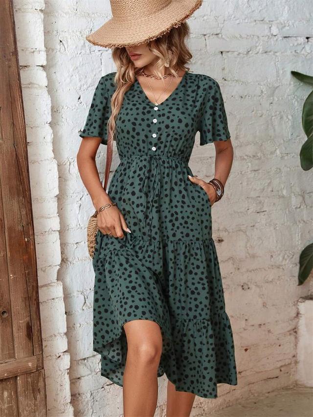 green dalmatian print knot front ruffle hem dress
