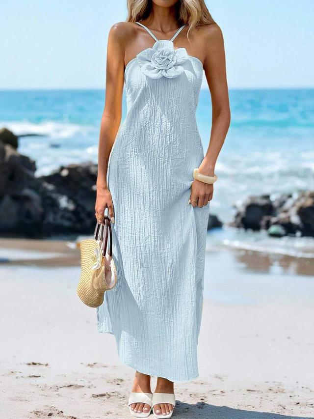light blue summer maxi dress with 3d floral accent