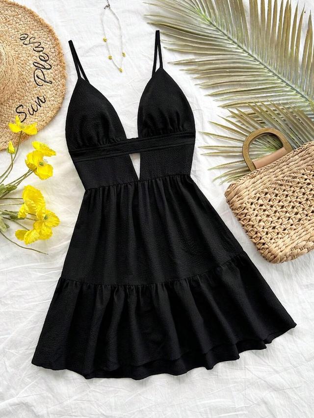 black v-neck backless textured mini slip dress