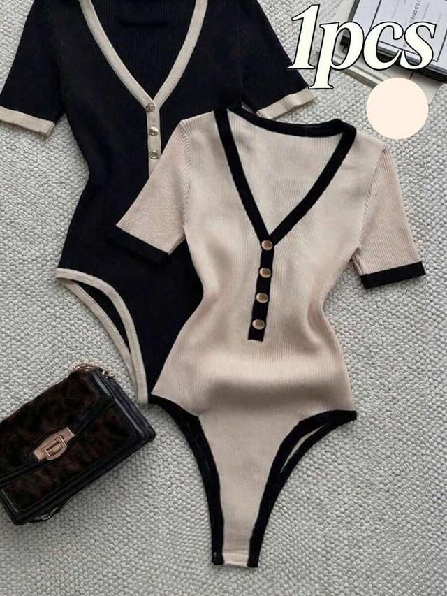 black casual contrast color trim ribbed knit bodysuit