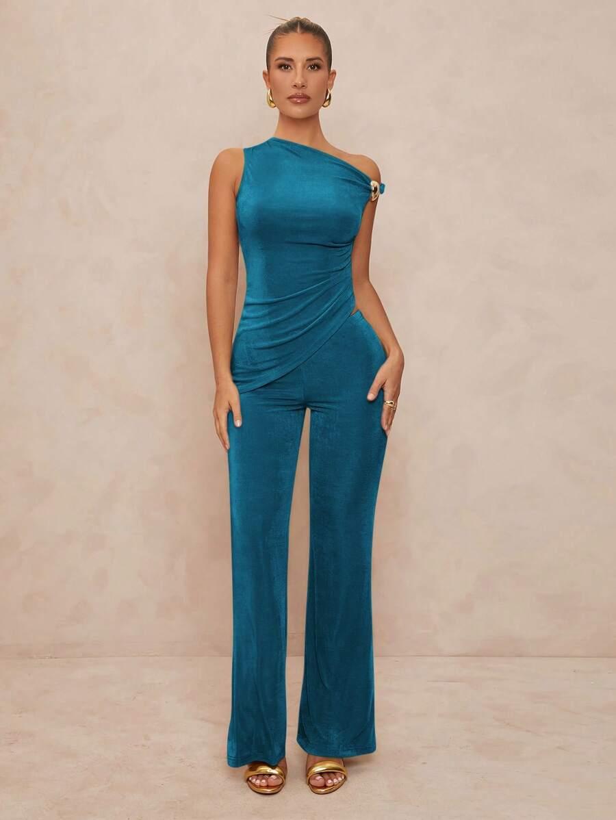 teal blue one shoulder top and wide leg pants