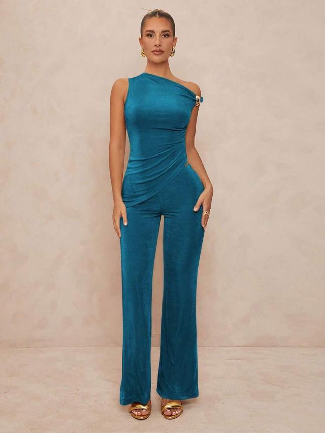teal blue one shoulder top and wide leg pants