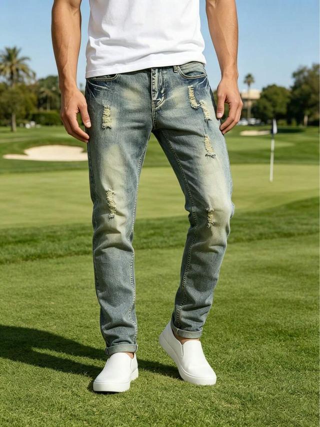 retro light wash ripped slim straight denim jeans