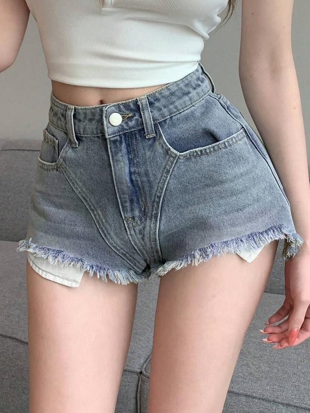 high-waisted raw hem denim shorts with panel detail
