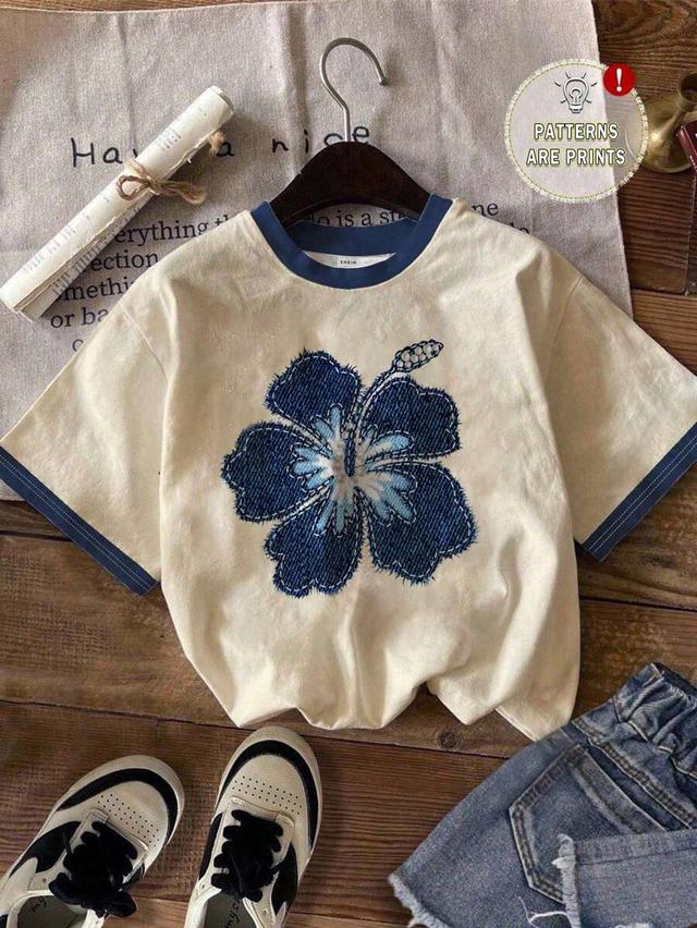 casual minimalist floral pattern round neck short sleeve t-shirt