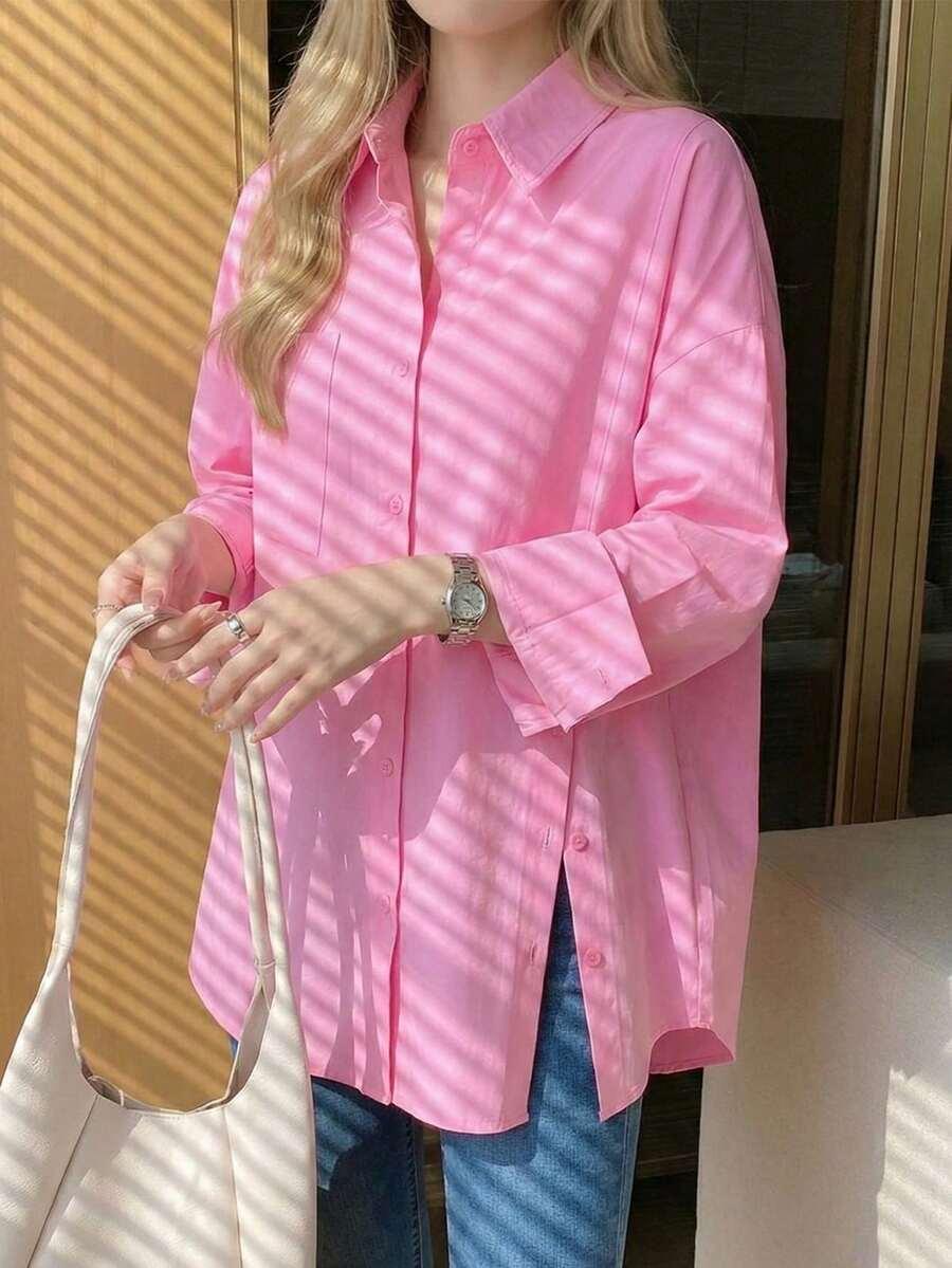 women's solid pink casual long sleeve button-up shirt