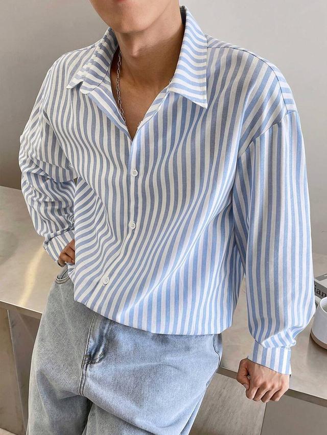blue and white striped casual long sleeve shirt