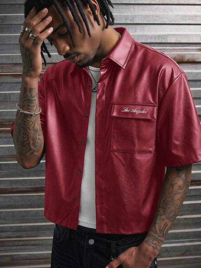 burgundy faux leather short sleeve button-up shirt