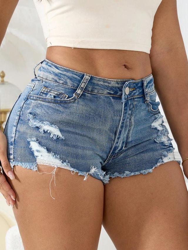 distressed blue denim high-waisted shorts