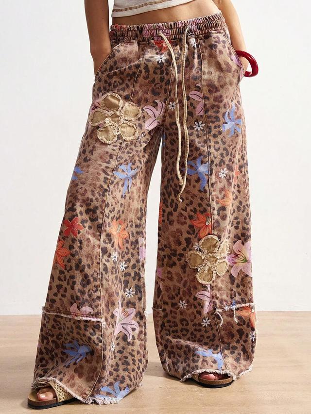 bohemian leopard print wide leg casual pants