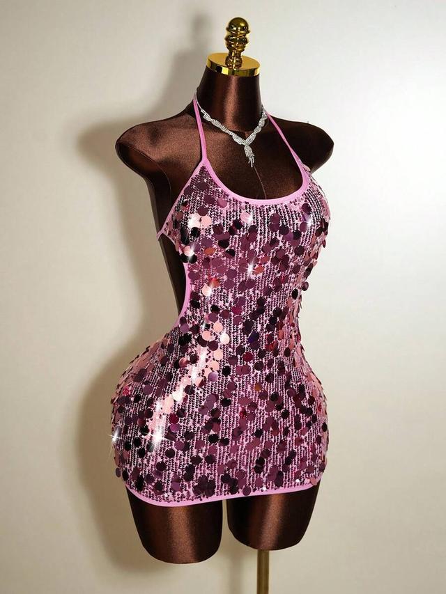 hot pink sequined halter mini party dress