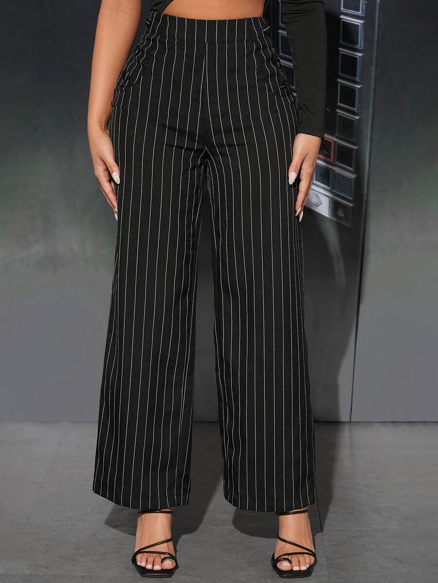 black pinstriped high-waisted straight leg trousers