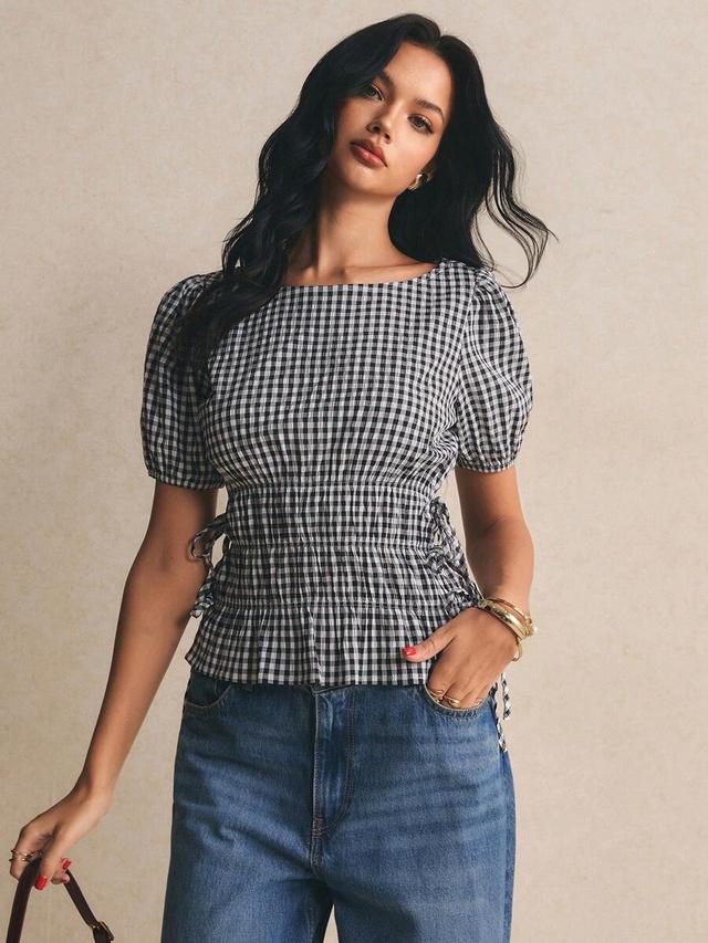 poéselle black gingham plaid drawstring side-tie ruched peplum blouse