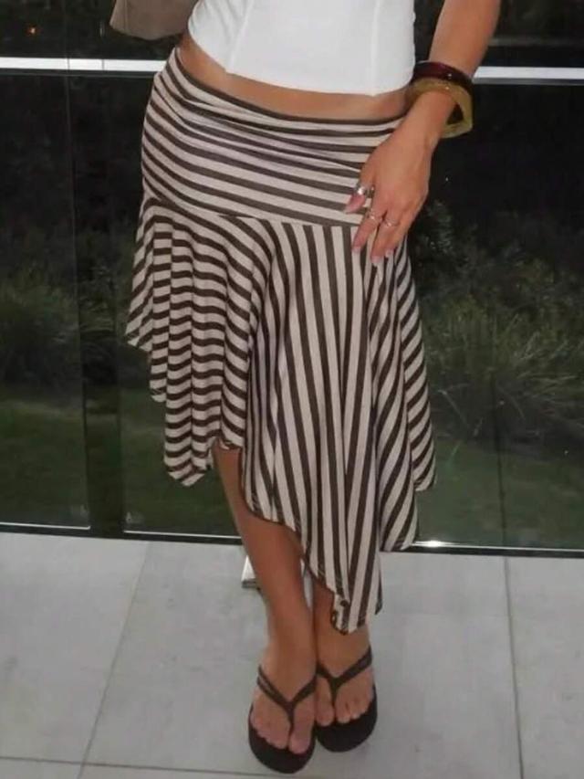 striped colorblock knit asymmetric hem skirt