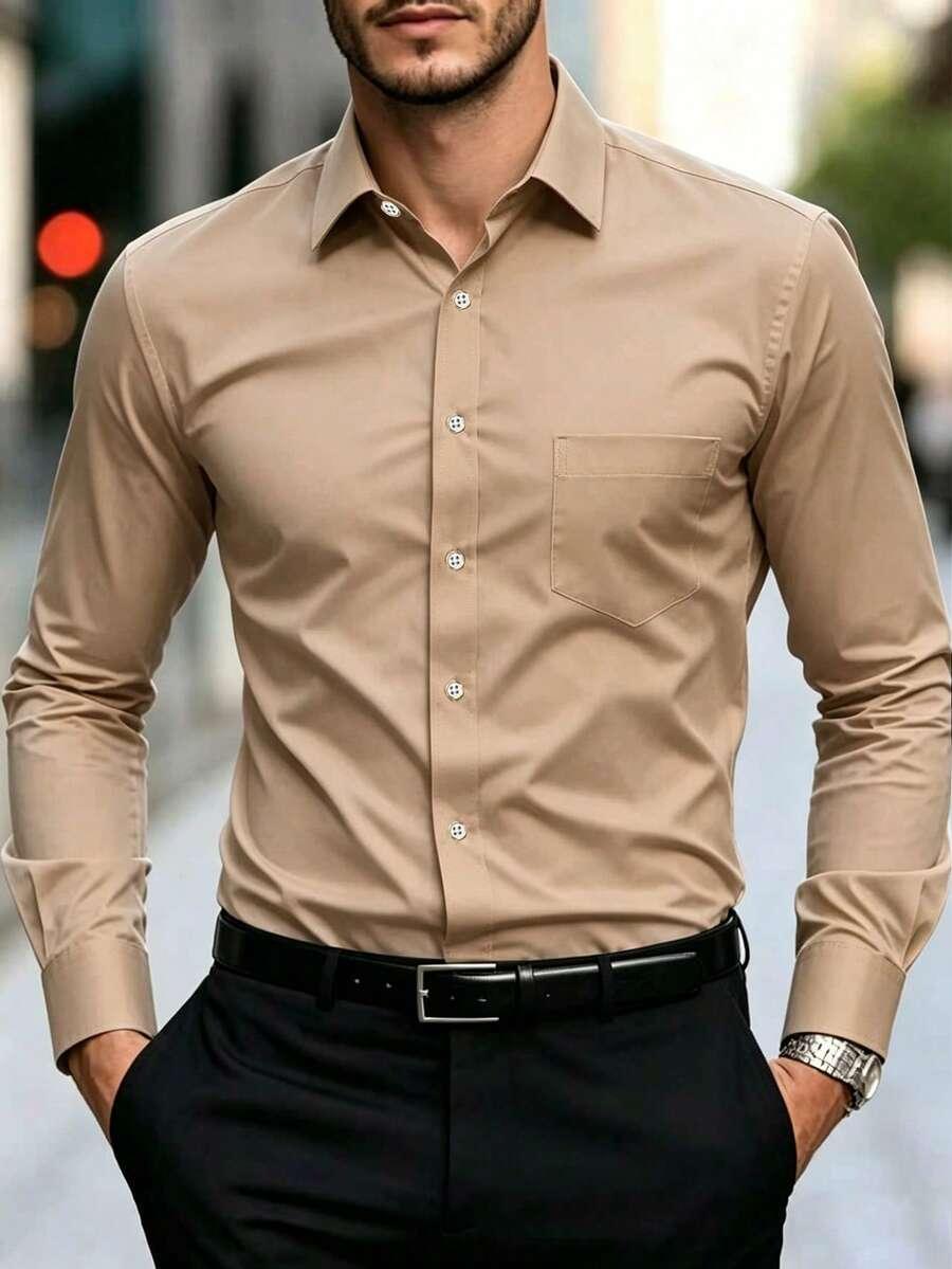solid beige single-breasted long sleeve button-up shirt