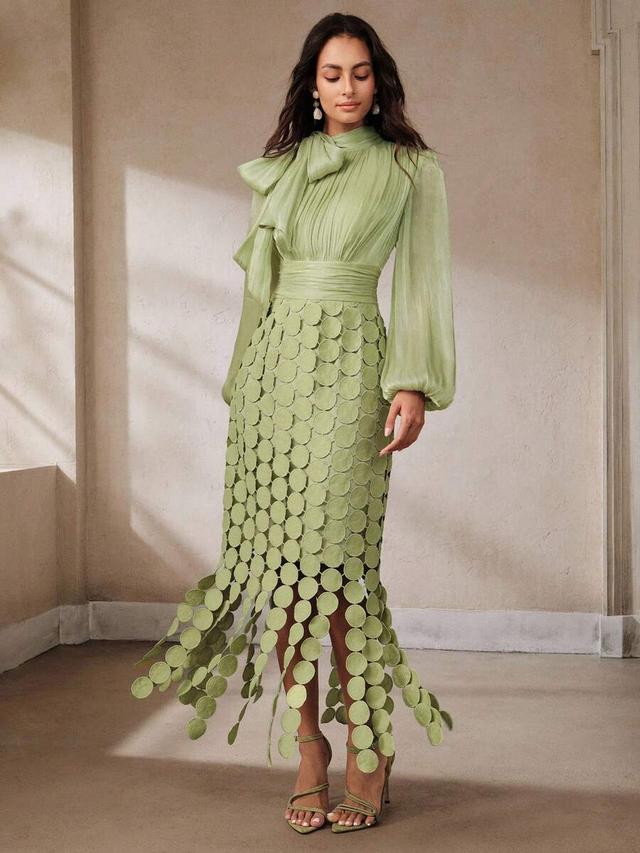 sage green shiny tie neck laser cut circle dress