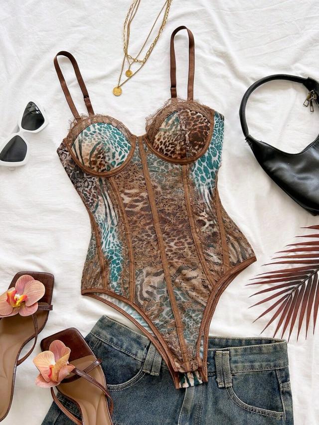 soleia leopard print bustier lace trim camisole