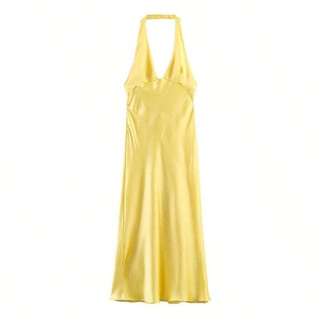 yellow polka dot silk satin halter midi dress