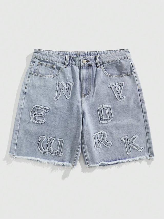 washed letter embroidery distressed denim shorts
