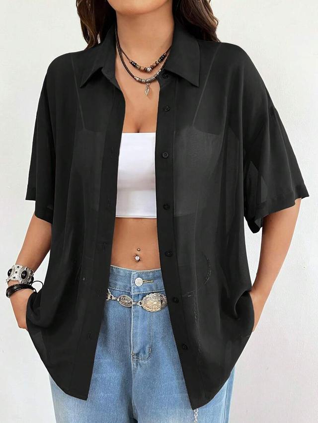 black sheer vintage casual half sleeve button down shirt