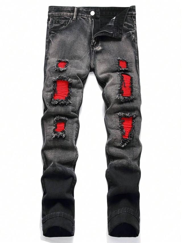 men's distressed grey denim jeans with red underlay