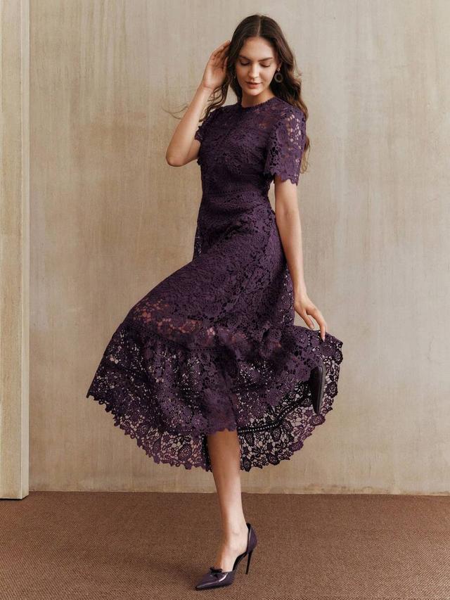 elegant dark purple lace patchwork short sleeve midi dress