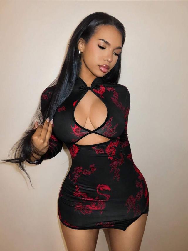 mistrie women's sexy dragon print hollow-out bodycon dress