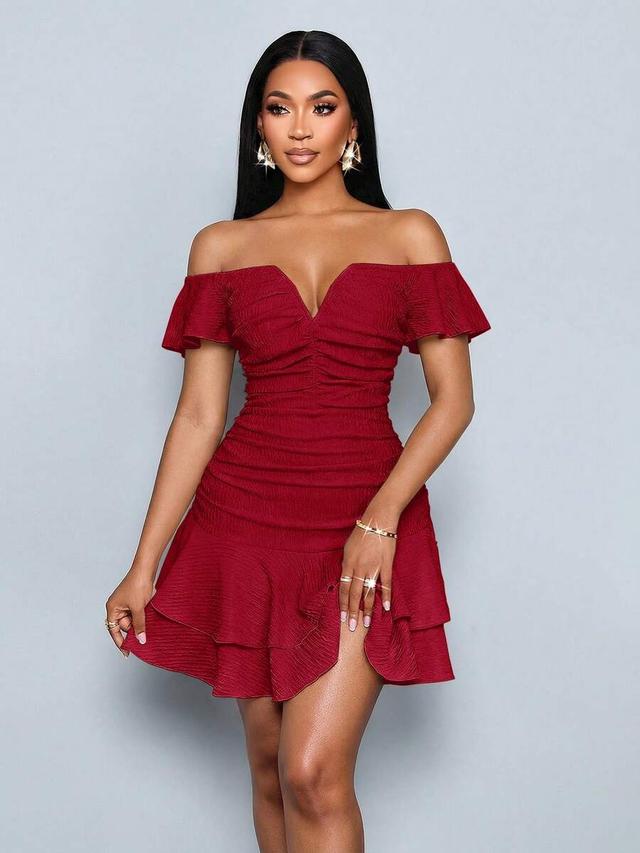 burgundy textured off-shoulder ruffle sleeve mini dress