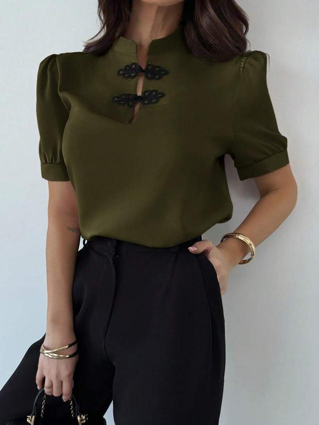 olive green puff sleeve mandarin collar blouse
