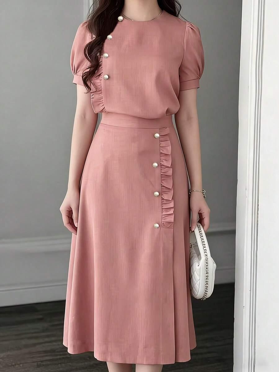 dusty pink puff sleeve button detail midi set