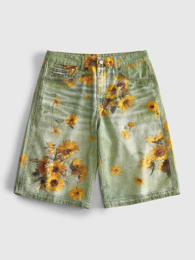 washed floral print loose denim shorts