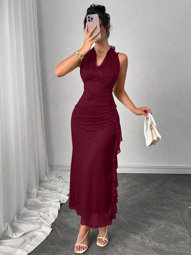 burgundy ruched waist ruffled hem spaghetti strap sundress