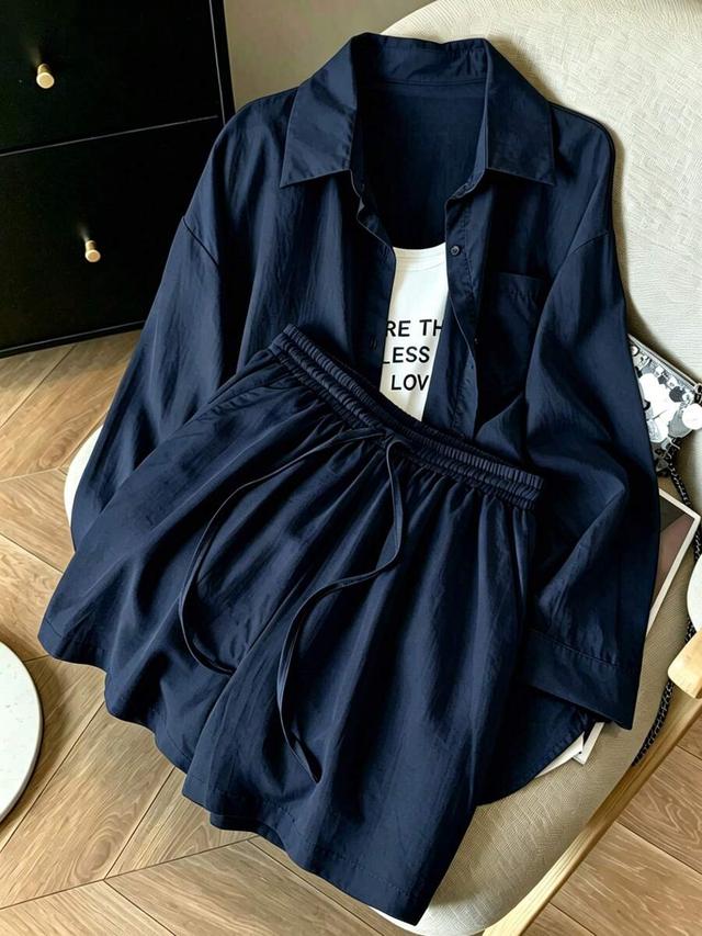 navy blue casual shirt and shorts set