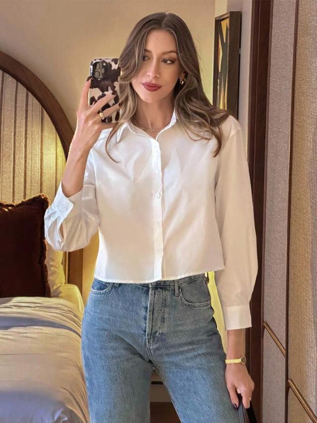 white cotton button-down cropped shirt