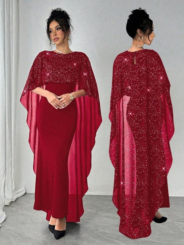 red sequin mesh cape overlay fitted evening dress
