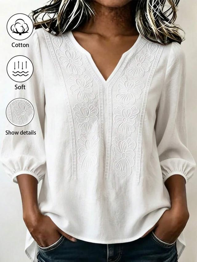 gloweve women's white v-neck embroidered short sleeve shirt