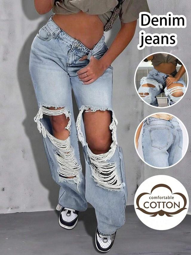 light blue distressed high-waisted denim jeans
