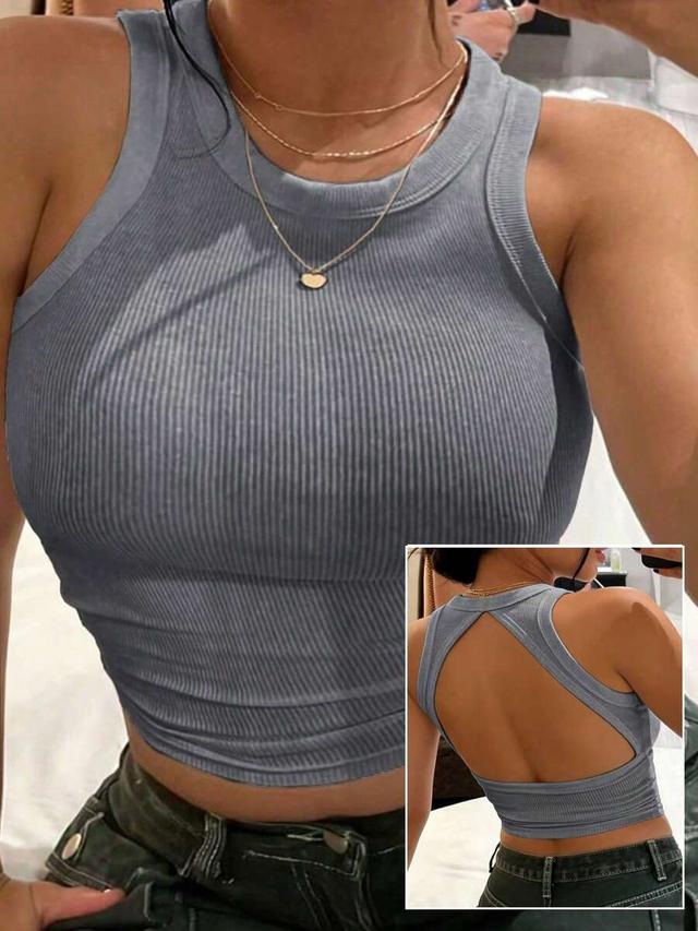 women's grey ribbed knit backless slim fit tank
