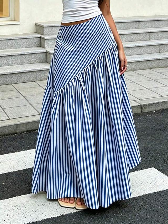blue and white striped woven flare a-line skirt