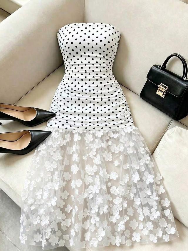 polka dot strapless dress with 3d floral mesh skirt