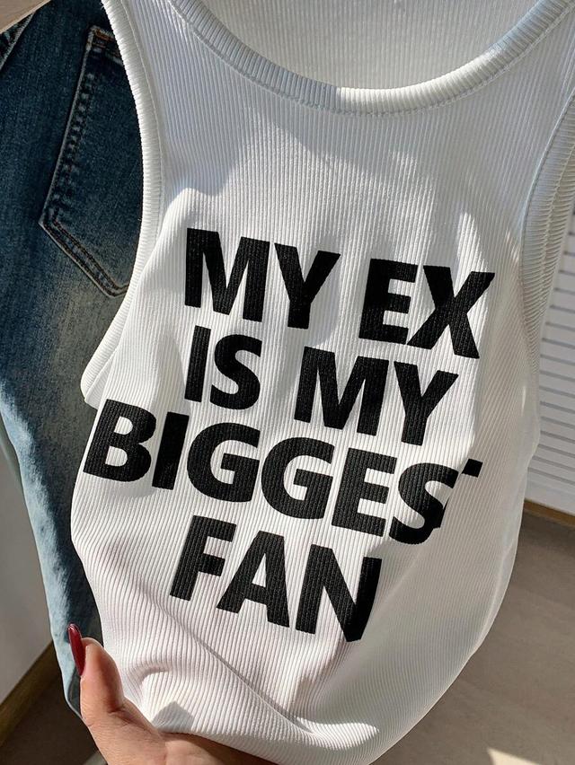 white ribbed slogan print cropped tank top