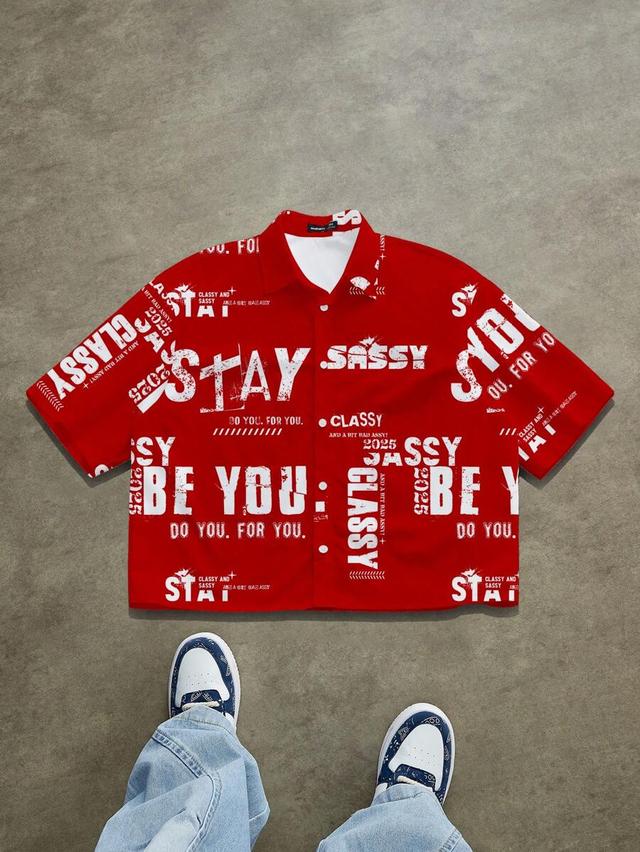 red loose cut-off graphic print shirt